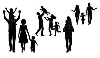 Fototapeta premium Happy Family Silhouette Collection Featuring Parents and Children Playing, Walking, Celebrating, and Enjoying Quality Time Together