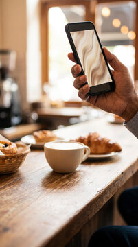 Customer hand holding blank white smartphone mockup screen at rustic coffee shop counter