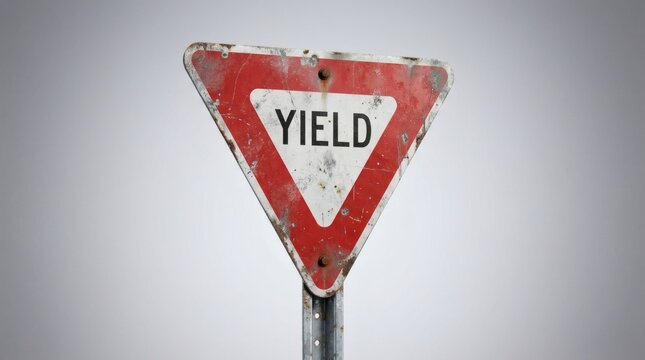 Vintage yield sign with weathered texture. Rusty red triangular road sign. Gritty metal traffic warning symbol on gray background.