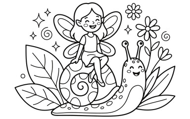 Charming illustration of a fairy riding a snail through a whimsical garden scene © Afikur786