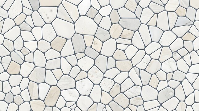 White stone mosaic floor texture featuring irregular polygon pebble shapes with smooth surfaces and gray grout lines for modern architecture background