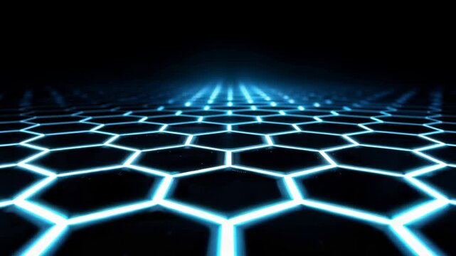 Futuristic Blue Hexagonal Grid, Glowing Line Across Dark Digital Surface, Creating Advanced Technology Innovation Perspective Toward Radiant Horizon, Luminous Geometric Background