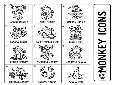 Set of hand drawn monkey icons with bananas and paw prints