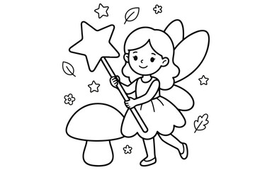 Charming hand drawn illustration of a little fairy with a magic wand and mushroom © Afikur786