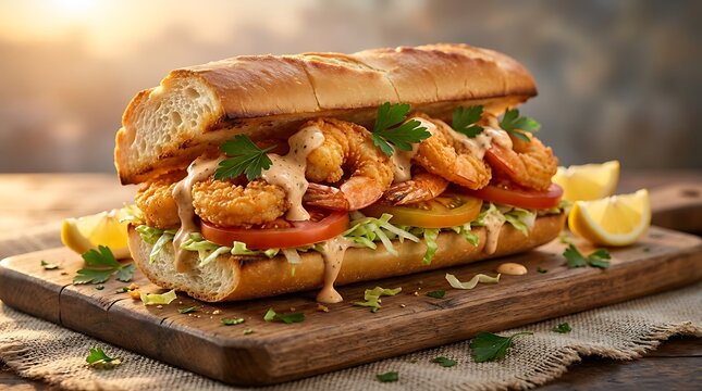 Fresh shrimp sandwich on a wooden board with herbs and lemon slices in a warm rustic kitchen setting. shrimp po boy
