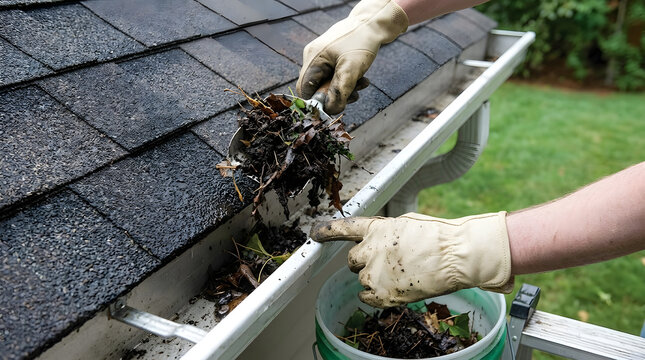 Gloved Hands Scooping Wet Leaves from Roof Gutter into Bucket | Homeowner Cleaning Clogged Gutter with Garden Trowel on Ladder | Close Up of Cleaning Leaf Debris Out of White Aluminum Gutter System |