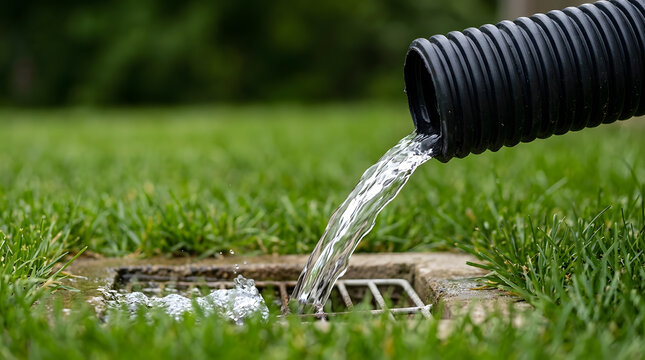 Black Corrugated Pipe Discharging Clear Water into Yard Lawn Drain Grate | Close Up of Drainage Hose Pouring Water into Underground Drain Grate in Lawn | Water Discharging from Flexible Hose