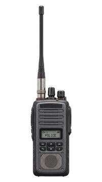 Portable two way radio handheld device labeled police with long antenna isolated on white background for security communications and law enforcement.