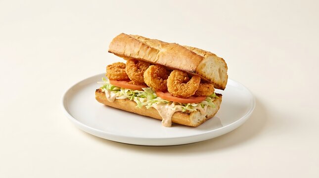 Delicious fried shrimp po boy sandwich with lettuce and tomato on a fresh toasted baguette bread roll. shrimp po boy