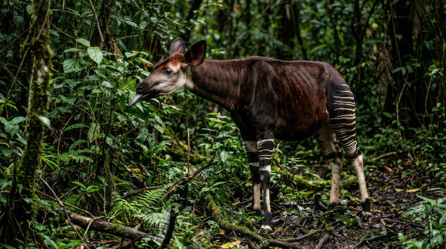 Rare Okapi standing gracefully displaying unique striped legs and distinctive markings.