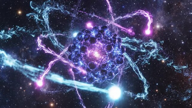 Glowing atomic nucleus structure orbiting in outer space galaxy background
