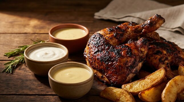 Roasted chicken leg with fried potato wedges and various dipping sauces on a dark wooden table top. pollo a la brasa