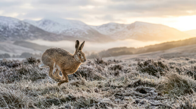 Wild brown hare running through frosty winter landscape in its natural habitat.