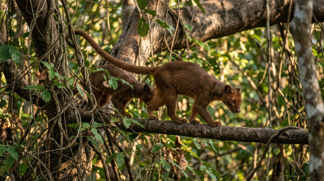 Wild Fossa Walking Gracefully on a Tree Branch in its Natural Tropical Forest Habitat.