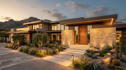 Fototapeta premium Modern luxury home exterior with stone facade and desert landscaping at sunset