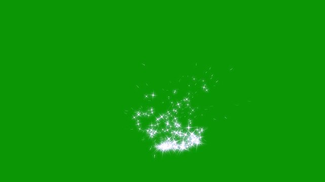 Glowing 2D star sparkle animation, doodle cartoon twinkling stars glitter burst effect, glowing white stardust wave streams swirling gracefully, magical fairy particle trail on green screen. 4k video