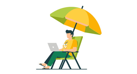 Fototapeta premium Digital Nomad Working on Laptop under Beach Umbrella Illustration - Remote Work, Freelancing, and Work-Life Balance Concept on White Background