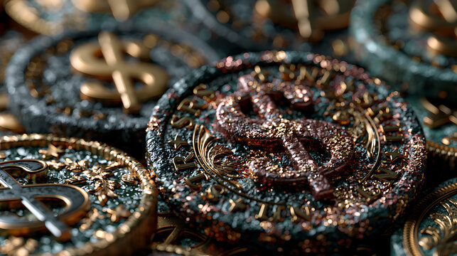 Photorealistic dollar sign coins with textured surfaces create a metallic background