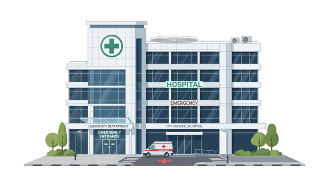 A modern, multi-story hospital building with a prominent green cross symbol and an ambulance parked outside.