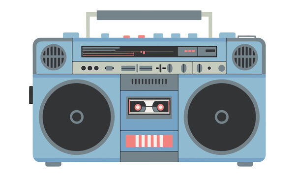Light blue and gray boombox with speakers. Retro music player device for entertainment and nostalgia.