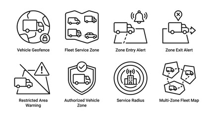 Fototapeta premium Fleet management vector icons set featuring logistics tracking zone alerts vehicle security warnings and delivery navigation map route outline elements