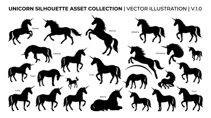 Fototapeta premium Unicorn Silhouette Asset Vector Collection Featuring Various Poses Like Rearing, Galloping, Trotting, and Sitting for Mythical Fantasy Graphic and Craft Designs