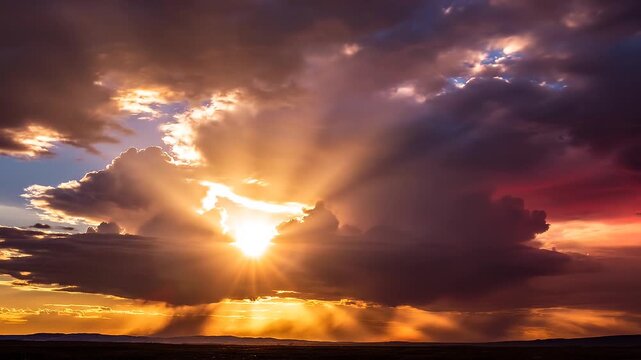 Impresionantes rayos de sol dorados atravesando densas nubes de tormenta durante un atardecer &eacute;pico.