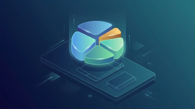 Pie chart infographic hovering on tablet for business analysis reporting.