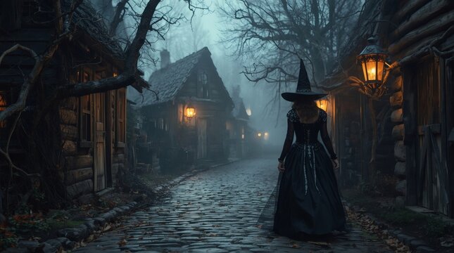 Mysterious witch walks down a cobblestone path in a foggy, ancient village