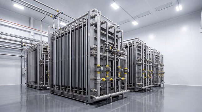 Green hydrogen production facility with PEM electrolyser cell stacks and stainless steel pipeline manifolds
