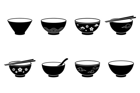 Stylish black icon set of asian bowls with patterns and cutlery.