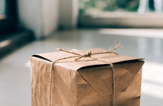 Brown kraft paper gift package tied with natural twine on floor