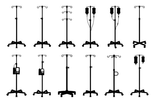 Silhouette collection of medical iv stands with equipment variations.