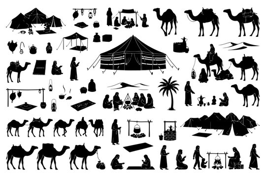 Silhouettes of traditional nomadic life with camels and tents in desert setting.