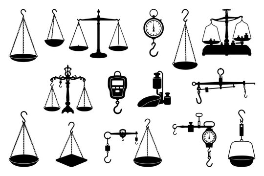 Vintage and modern weighing scales silhouettes collection.