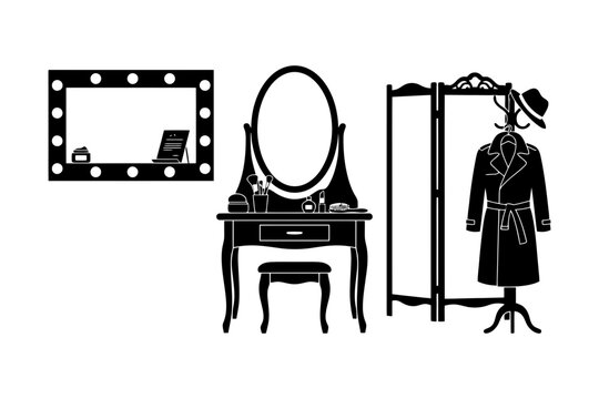 Elegant dressing room with mirror vanity and coat hanger.