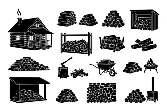 Rustic cabin and firewood collection: logs, woodpiles, and woodcutting tools.