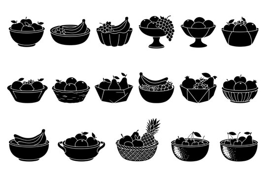 Variety of fruit bowls silhouette vector set.