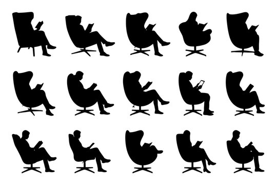 Silhouette series of adults reading in armchairs.