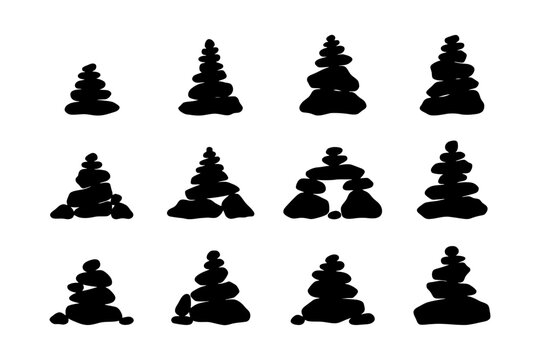 Silhouettes of rock cairns in various arrangements.