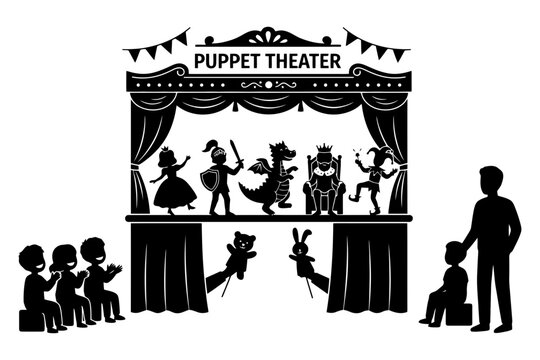 Children watching puppet show with medieval theme characters silhouette.
