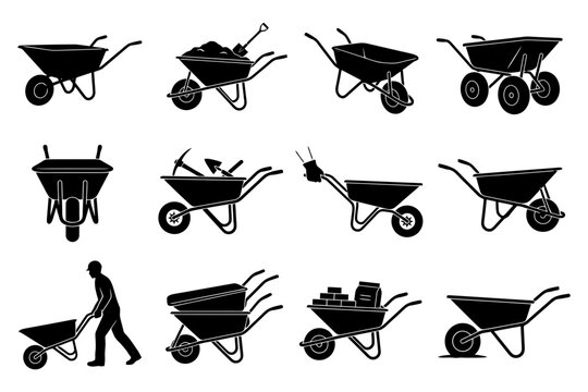 Variety of wheelbarrow silhouettes for construction and gardening.