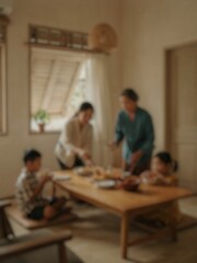 Fototapeta premium Blurred group dining scene featuring Indonesian people sharing food, suitable for community, friendship, cultural lifestyle, and everyday dining concepts.