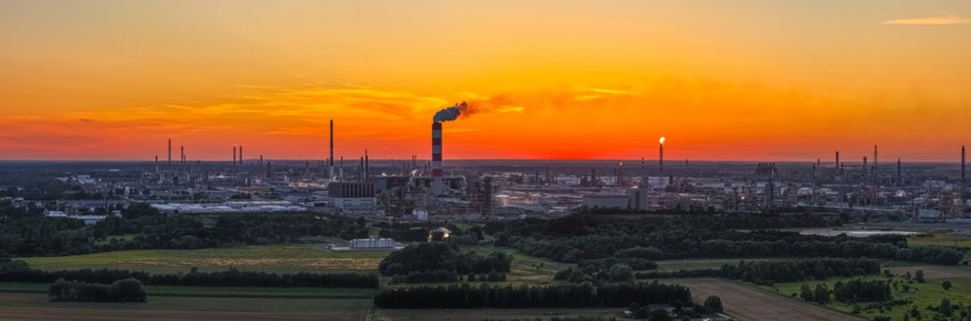 Aerial view of the PKN Orlen refinery with industrial chimneys, storage tanks, and smoke plumes under a vibrant sunset sky in Plock, Masovian Voivodeship, Poland.
