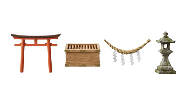 3D Japanese Shinto Shrine Set with Torii Gate, Offertory Box, Shimenawa Rope, and Stone Lantern Isolated Element Cutout Transparent PNG