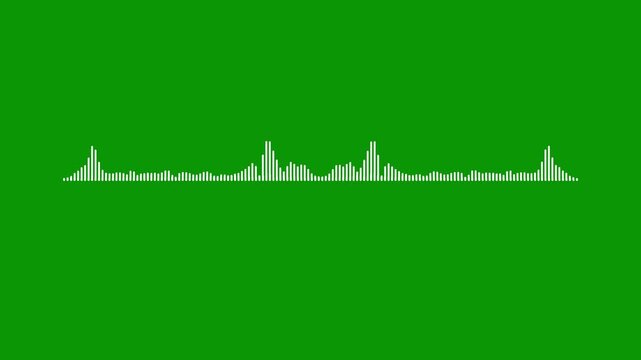 Professional sound equalizer animation, white audio waveform spectrum, rhythmic frequency bars, music visualization effect, podcast recording signal, dark green screen. high quality 4k video