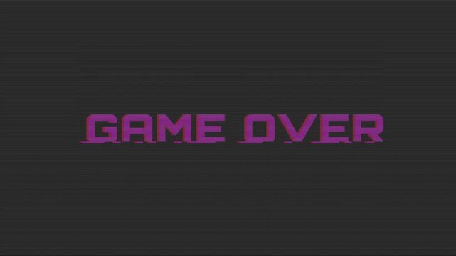 Game Over Text Message with CRT Scanlines and VHS Glitch Effect for Retro Gaming and Arcade Themed Video Projects on Black Background