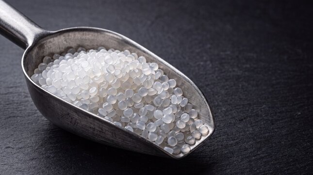 Recycled polypropylene plastic pellets in stainless steel scoop for circular plastics manufacturing
