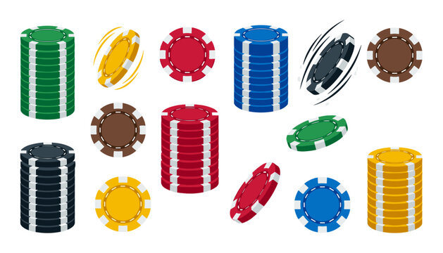 Colorful casino poker chips set featuring stacks single tokens and flying elements isolated on white background vector