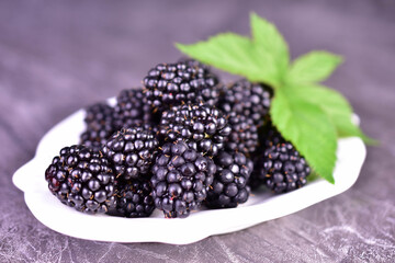 Blackberries in a white plate on a black marbled background. Close-up.  © Olivka888